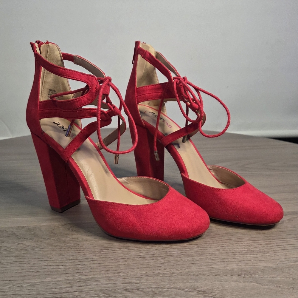 Justfab Vasilenia Women's Red Faux Suede Ankle Strap Zipper Back Heels, 7.5M